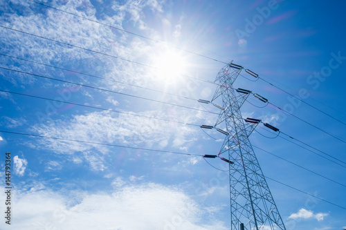 High voltage post, High voltage tower at blue sky background