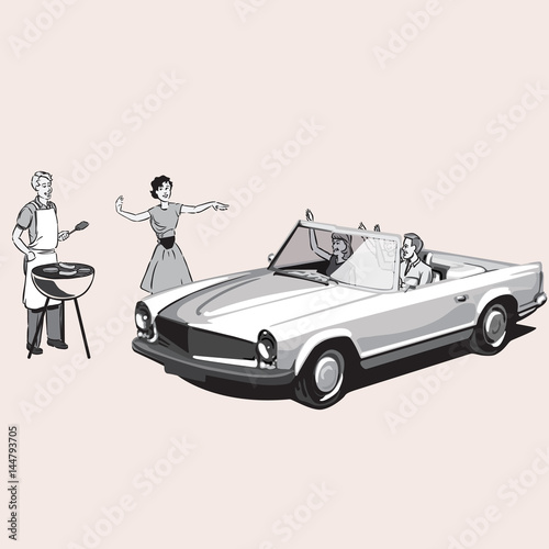 Vintage couple barbecues as a family drives by in a convertible car.
