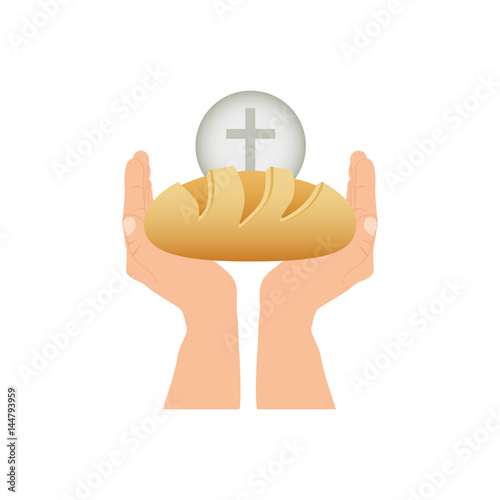 color silhouette of hands holding bread with sphere with cross symbol in background vector illustration