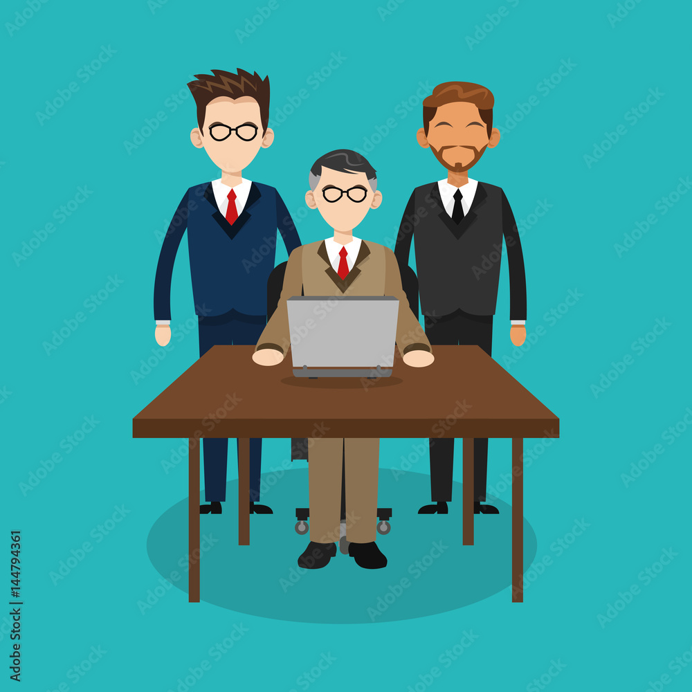 people with computer icon over blue background. human resources concept. colorful design. vector illustration