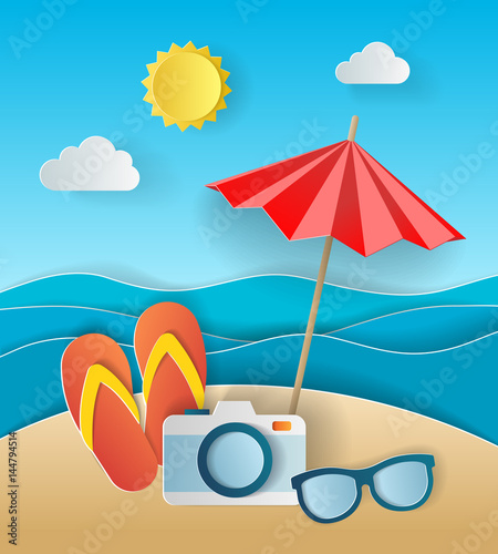 Illustration concept of summer holiday, flipflops on sandy beach, solar umbrella, camera and sea or ocean. Design by origami paper art and craft style