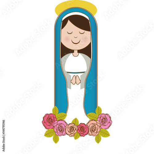 white background of christian virgin and ornament of pink roses vector illustration