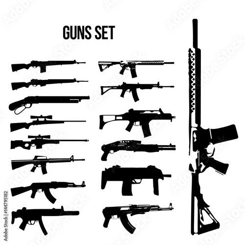 Weapon icon set, machine guns and rifles vector illustration of black and white.