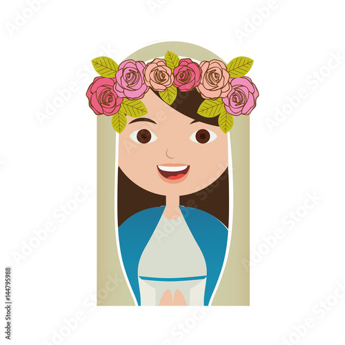 white background of half body beautiful virgin with crown of roses vector illustration