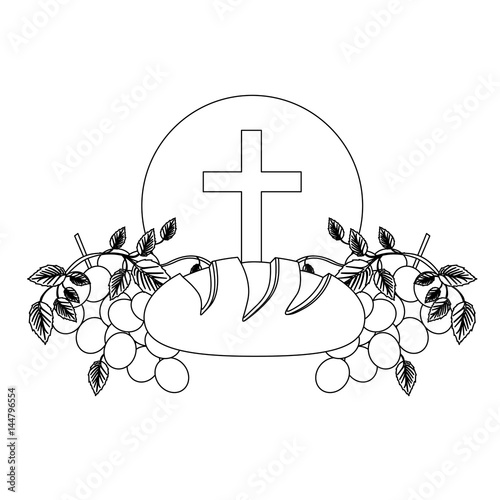 black silhouette with communion religious icons of bread and grapes and christian cross vector illustration