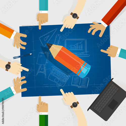 education developing idea together make plan. teamwork in business and education. big wooden pencil with hands around it and blueprint with sketch hand drawing