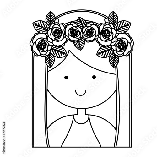 monochrome contour of half body beautiful virgin with crown of roses vector illustration