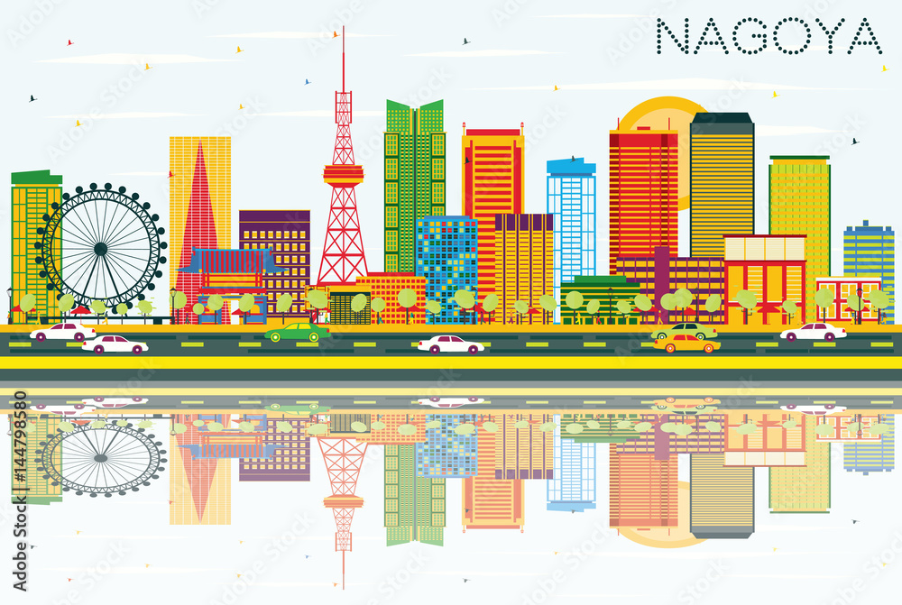 Nagoya Skyline with Color Buildings, Blue Sky and Reflections.