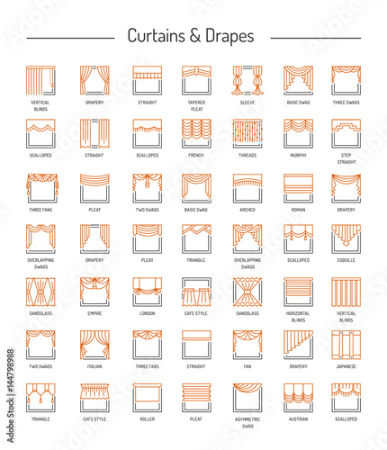Different window drapes, curtains, blinds. Lambrequins and shades. Home decor elements. Line icon set. Vector illustration.