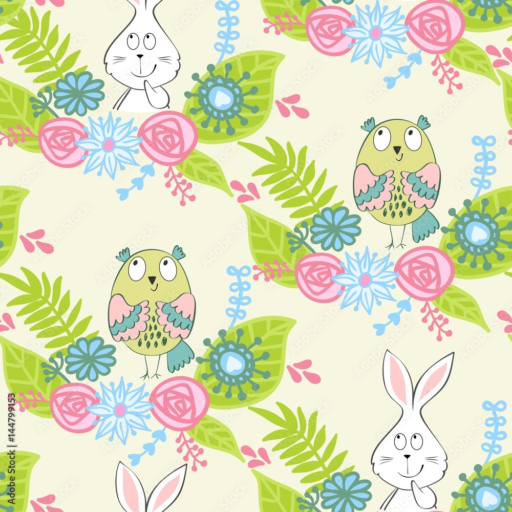 Vector seamless pattern with animals and flowers Vector seamless pattern with animals and flowers