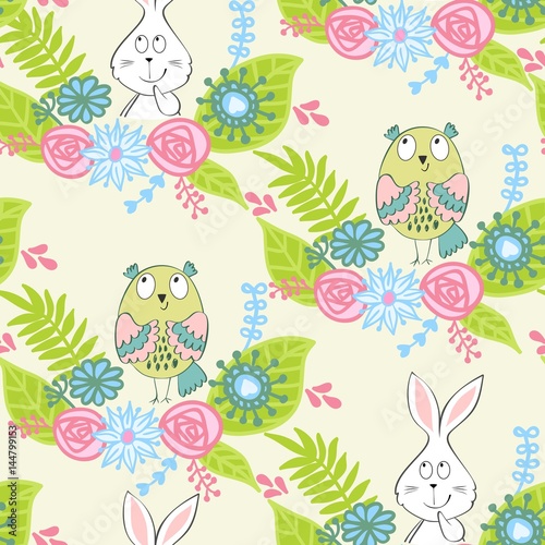 Vector seamless pattern with animals and flowers