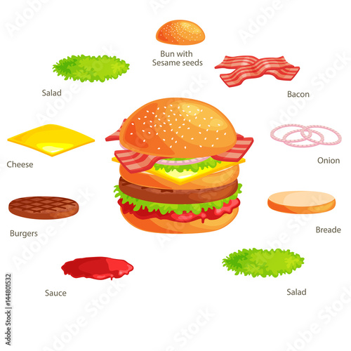 Set of burger grilled beef vegetables dressed with sauce bun snack, hamburger fast food meal menu barbecue meat with detailed individual flying slices menu ingredients vecor illustration background