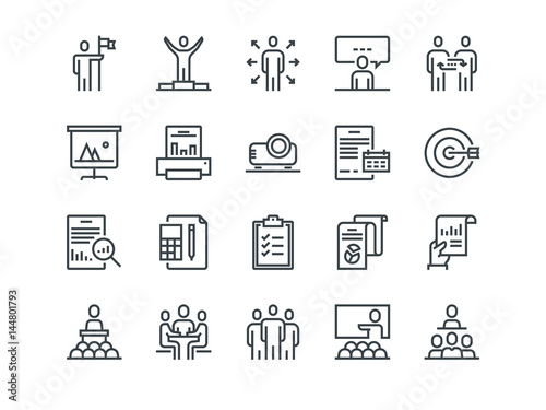 Business. Set of outline vector icons. Includes such as Business Meeting, Handshake, Agreement, One on One Meeting and other.