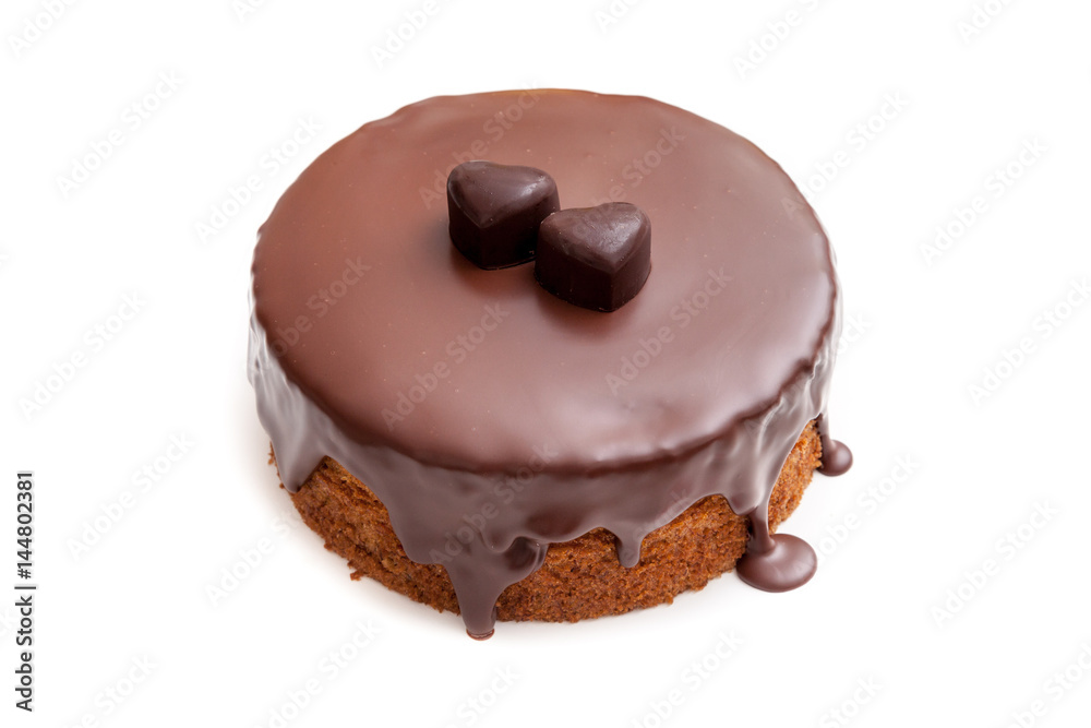 Chocolate ganache cake pound on white background isolated with copy space