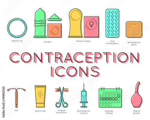 Contraception lineart design, hand drawn sketch set of medical objects with titles, health care and educational concept, vector illustration on white background