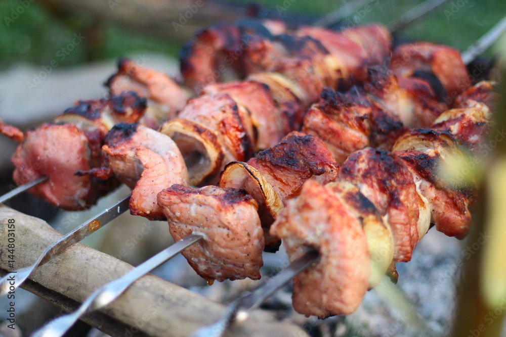 Fried meat on skewers