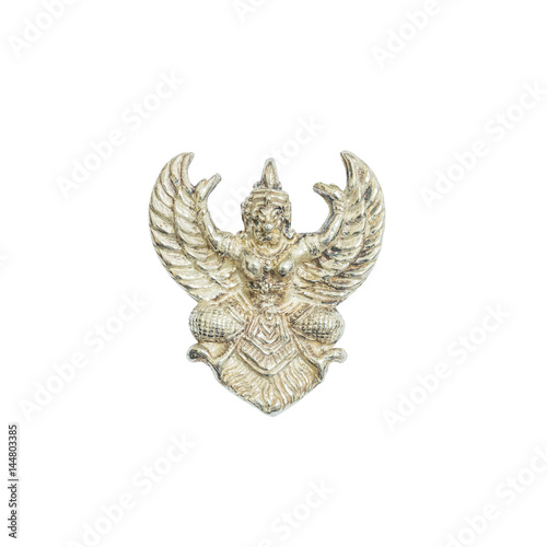 Closeup old small silver garuda statue isolated on white background with clipping path