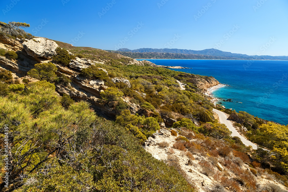 beautiful views of the coast of island of Rhodes Greece
