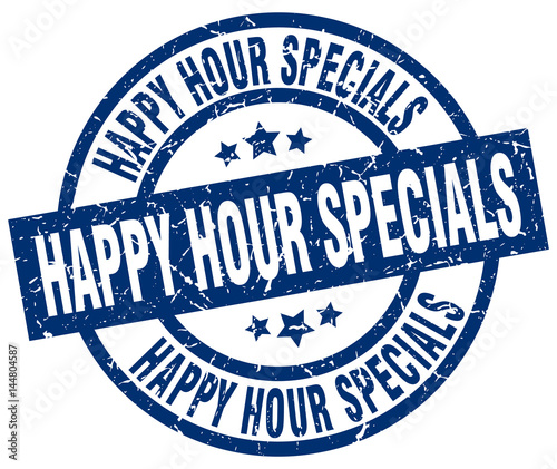 happy hour specials blue round grunge stamp