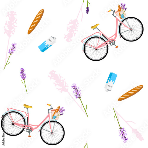 Tapety Wzór z realistycznym rowerem, wzór z romantycznym rowerem, kwiaty. Rower na śniadanie z lawendą, świeżym chlebem i mlekiem