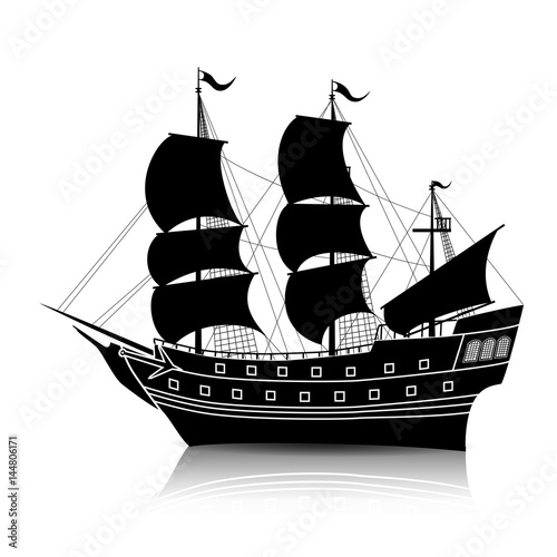 silhouette vintage sailing ship with reflection