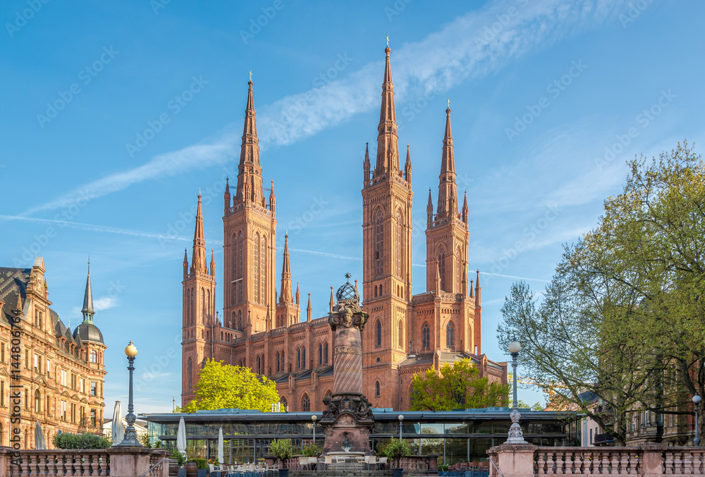 View at the Markt church from Market place in Wiesbaden - Germany View at the Markt church from Market place in Wiesbaden - Germany
