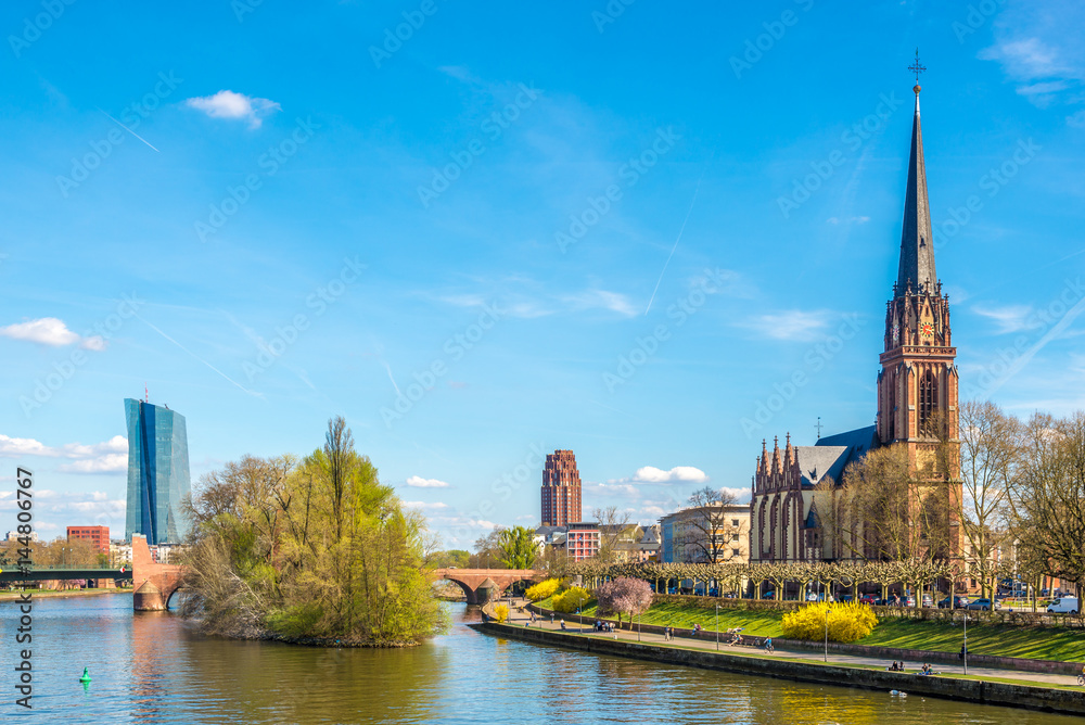 Waterfront river Main with Dreikonigs church - Frankfurt am Main, Germany