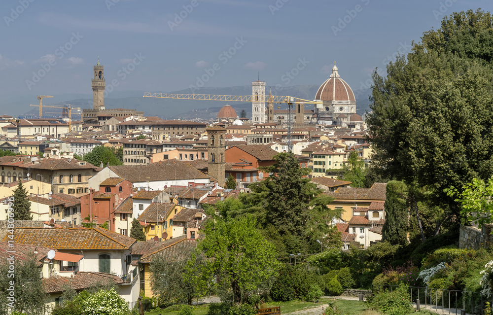 Beautiful panoramic view of the historic center of Florence, Italy, from the rose garden