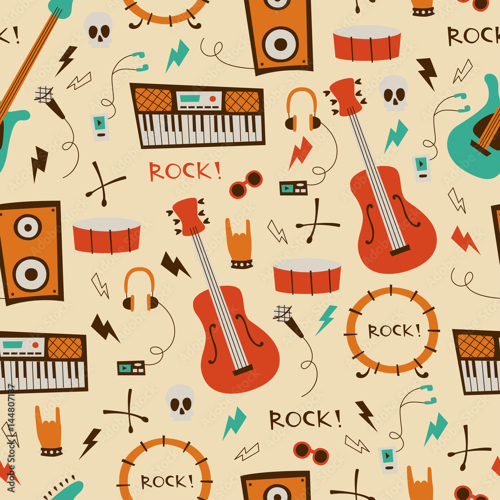 Obraz premium Rock Music Seamless Background. Pattern with Music Symbols and instruments.