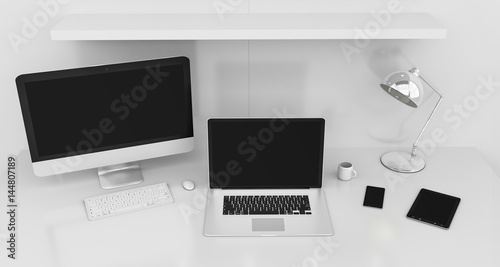 Modern white desk interior with computer and devices 3D rendering