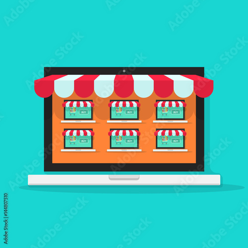 Marketplace online vector illustration  flat style internet multivendor store on laptop computer with multi vendor stores  lots of shops on screen  ecommerce technology