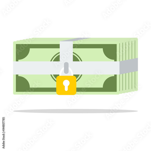 Security safety protection lock on money bill on white background, flat style, saving concept
