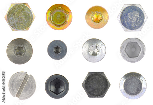Metal screw head. Collection isolated on white background