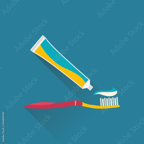 Tube of toothpaste and toothbrush. Teeth care concept. Vector flat illustration.