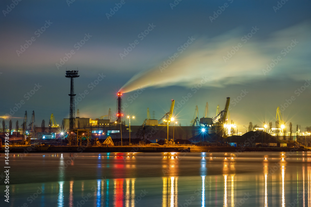 Industry area - Port of Gdansk at night, Poland.