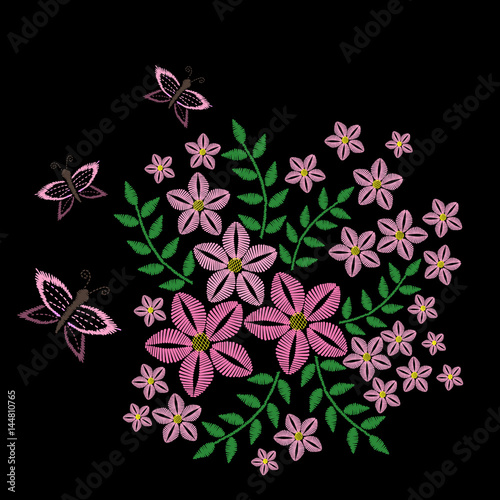 Embroidery stitches imitation with pink butterfly and flower with green leaf