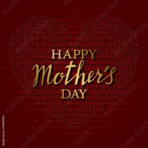 Happy Mothers Day greeting card design with patterned red heart. Vector Illustration.