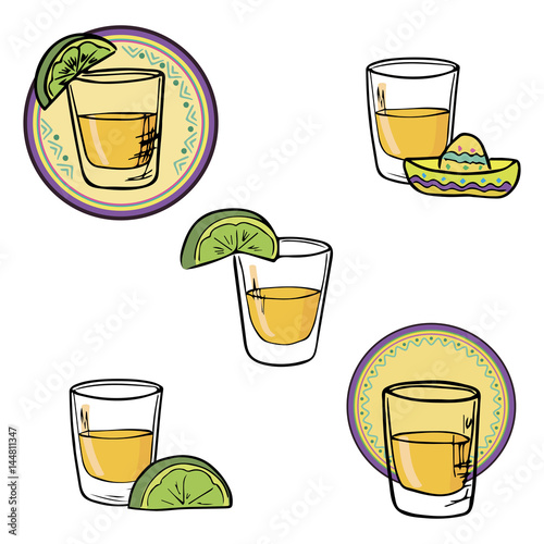 Hand drawn set shot tequila, lime, sombrero sketch vector illustration