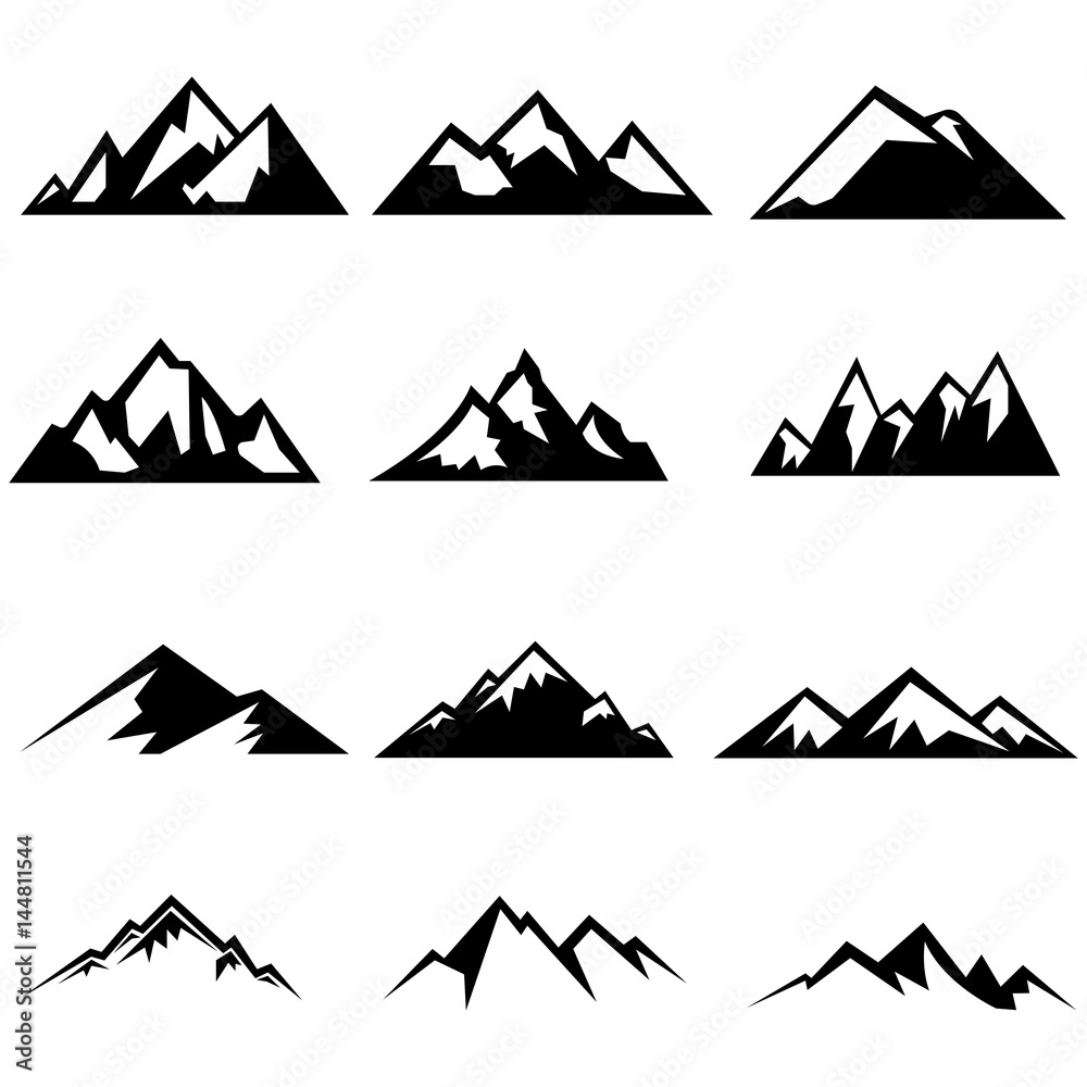 Plakat Zestaw sylwetki gór. Makiety do tworzenia logo, odznak i emblematów. Ilustracji wektorowych