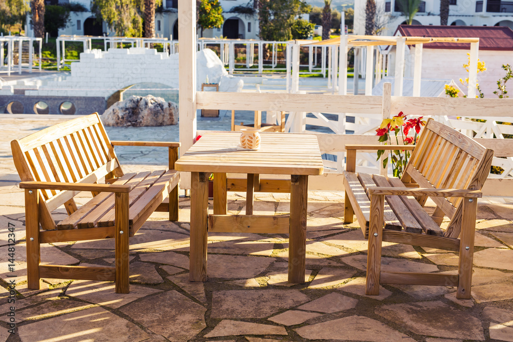 Street cafe. Wooden outdoor restaurant Street cafe. Wooden outdoor restaurant