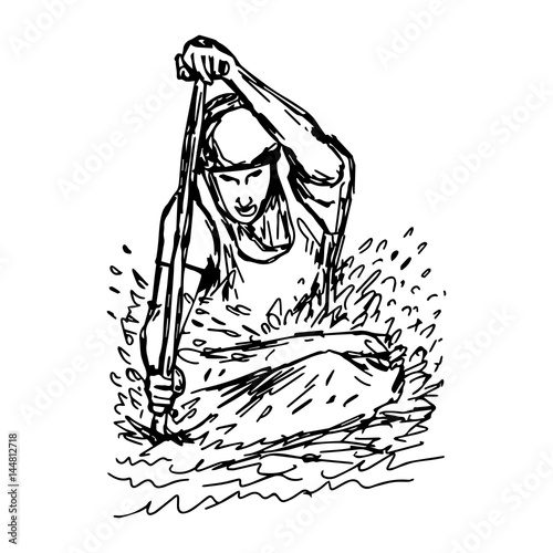 CANOE SLALOM player front view - vector illustration sketch hand drawn with black lines, isolated on white background