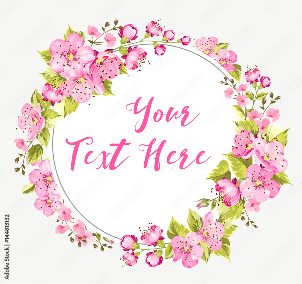 Spring card with sakura flowers containes calligraphic your text here sign isolated over white background. Vector illustration.