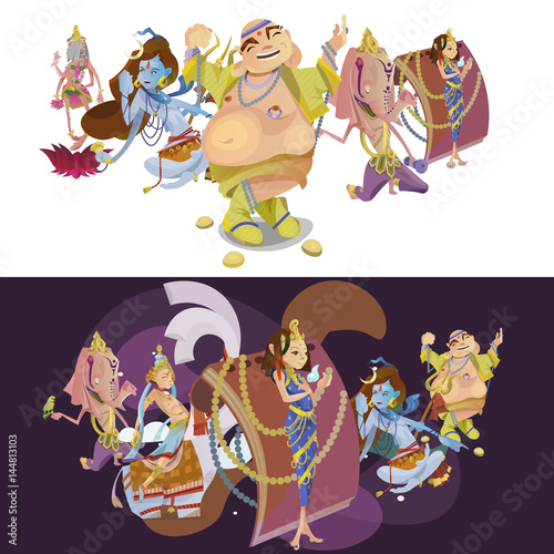 Set of isolated Indian Gods meditation in yoga poses lotus and Goddess hinduism religion, traditional asian culture spiritual mythology, deity worship festival vector illustrations, T-shirt concepts