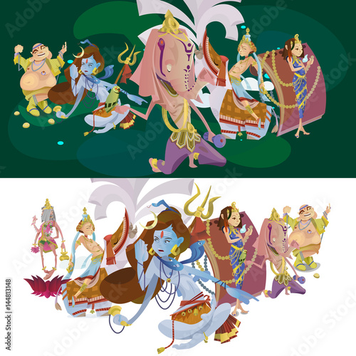 Set of isolated Indian Gods meditation in yoga poses lotus and Goddess hinduism religion, traditional asian culture spiritual mythology, deity worship festival vector illustrations, T-shirt concepts