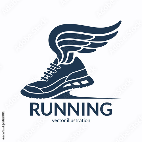 Speeding running shoe symbol, icon, logo or sign. Sneaker silhouette with wings. Vector illustration