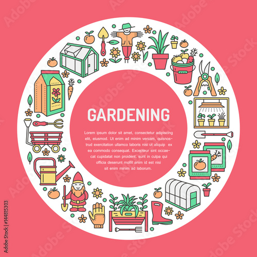 Gardening, planting and horticulture banner with vector colored line icon. Garden equipment, organic seeds, greenhouse, pruners watering can, tools. Vegetables, flower cultivation thin linear poster.