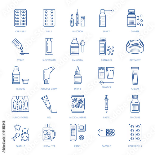 Medicines, dosage forms line icons. Pharmacy medicaments, tablet, capsules, pills, antibiotics, vitamins, painkillers, aerosol spray. Medical threatment health care thin linear signs for drug store