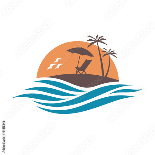 Emblem of summer vacation with reclining chair and umbrella on island. Vector illustration.