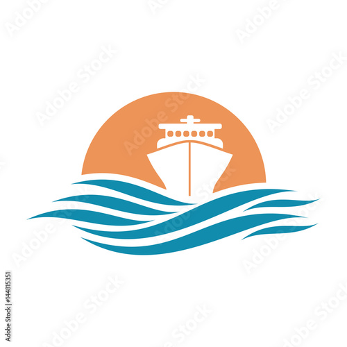 Abstract travel logo with ship and ocean.  Ship icon. Cruise, tour, delivery concept, Marine boat. Transportation sign. Vector image.