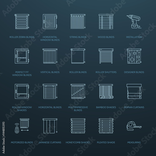 Window blinds, shades line icons. Various room darkening decoration, roller shutters, roman curtains, horizontal and vertical jalousie. Interior design thin linear signs for house decor shop.